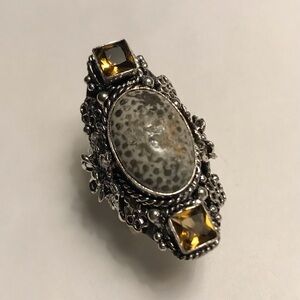Stingray Coral Citrine Stamped 925 Sterling Silver Ring